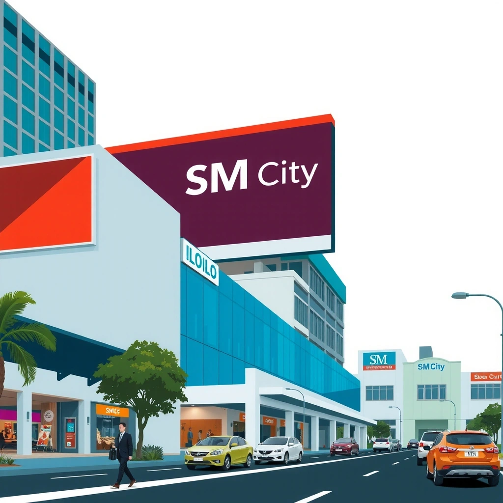 Philippine business landscape with modern office buildings and traditional Filipino commerce elements